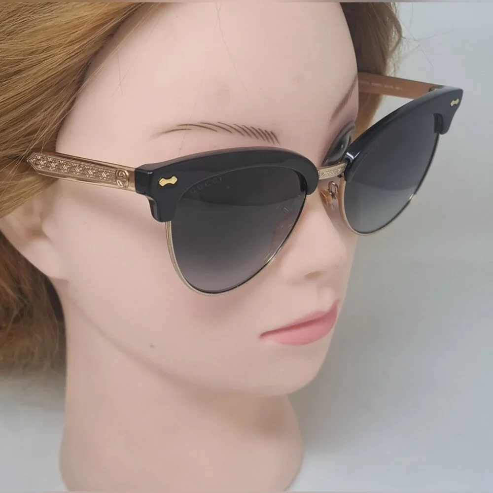 Gucci Womens Damascato Cat Eye Sunglasses Black Gold Half Rim GG4283/S 55-18-140